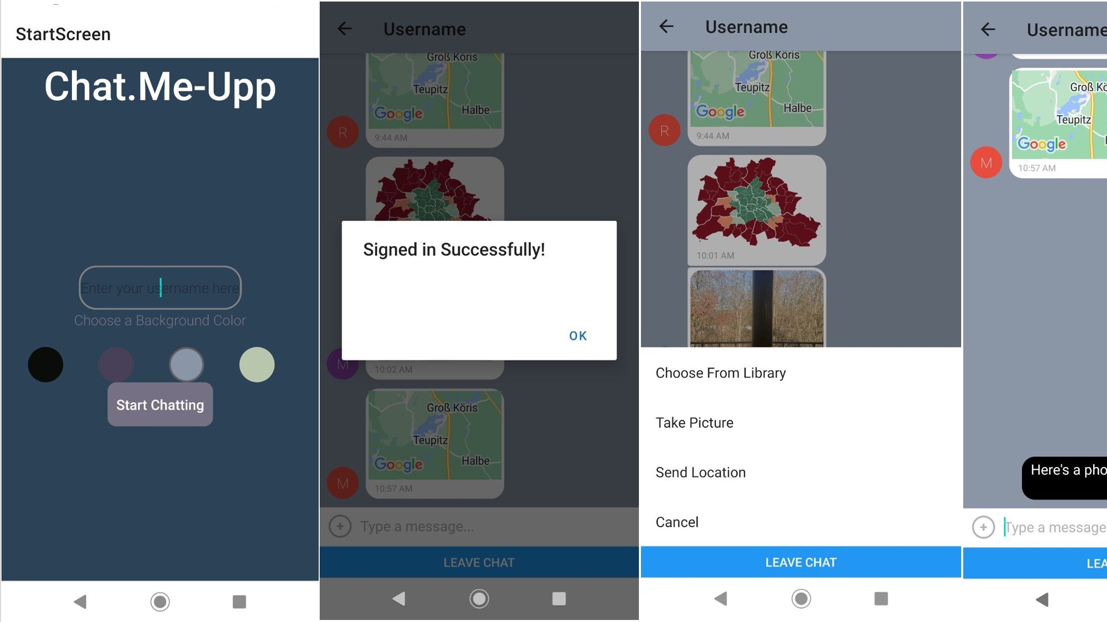 screenshots of chat app screens