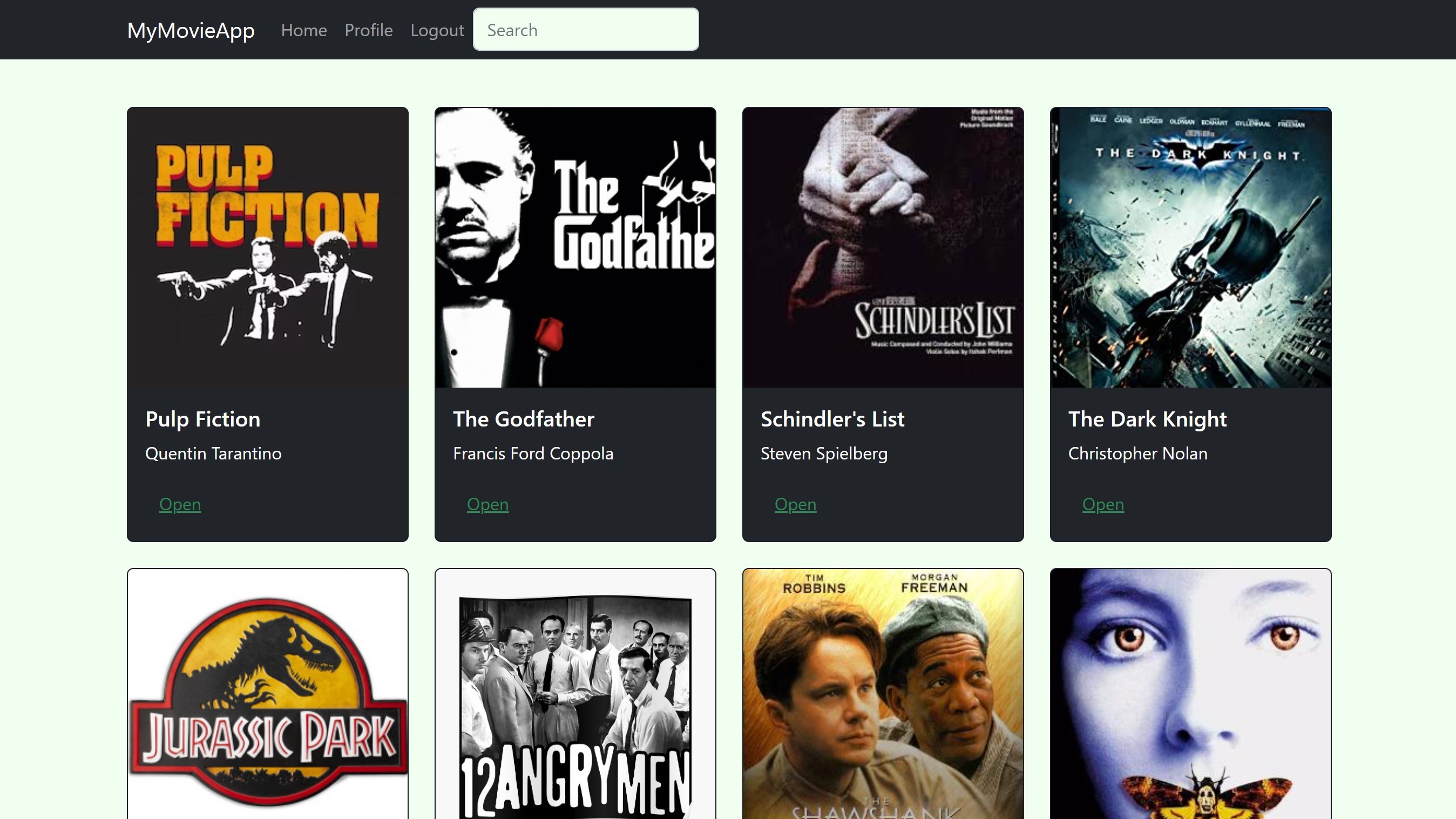 screenshot of MyMovieApp home page